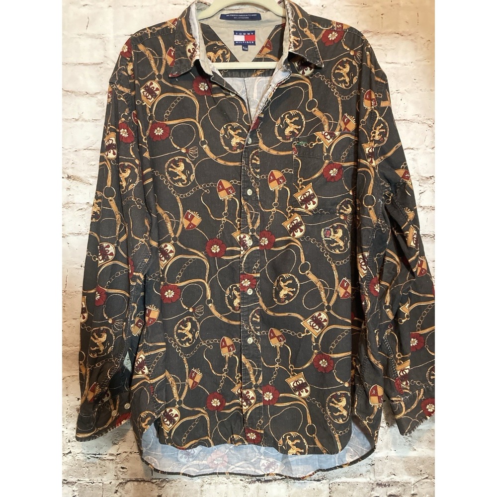 Tommy Hilfiger Shirt Men XL Equestrian Crest Button Up Micro Corduroy Chain READ